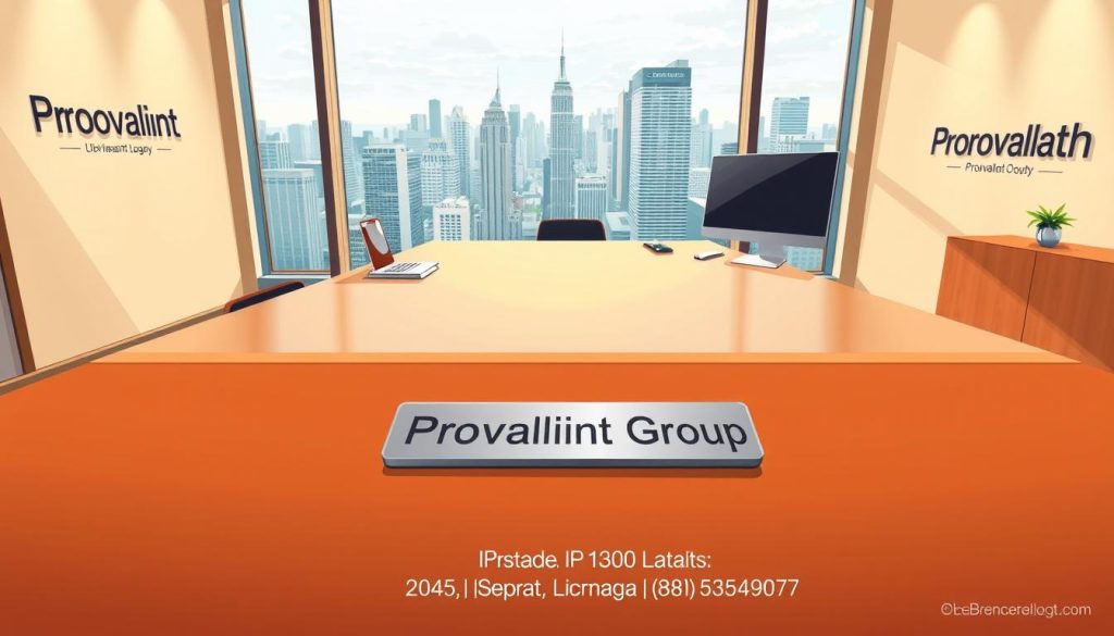Provaliant Group's location and contact details, a sleek modern office setting with minimalist branding. In the foreground, a large polished wooden desk with a stylish silver nameplate reading "Provaliant Group". On the desk, a few neatly arranged office supplies and a high-end computer monitor. Behind the desk, a floor-to-ceiling window offers a view of a bustling city skyline. Warm, directional lighting illuminates the scene, casting soft shadows and creating a professional, refined atmosphere. The walls feature discreet Provaliant branding, hinting at the company's identity. An understated elegance pervades the image, reflecting the prestige and expertise of the IP licensing agency.