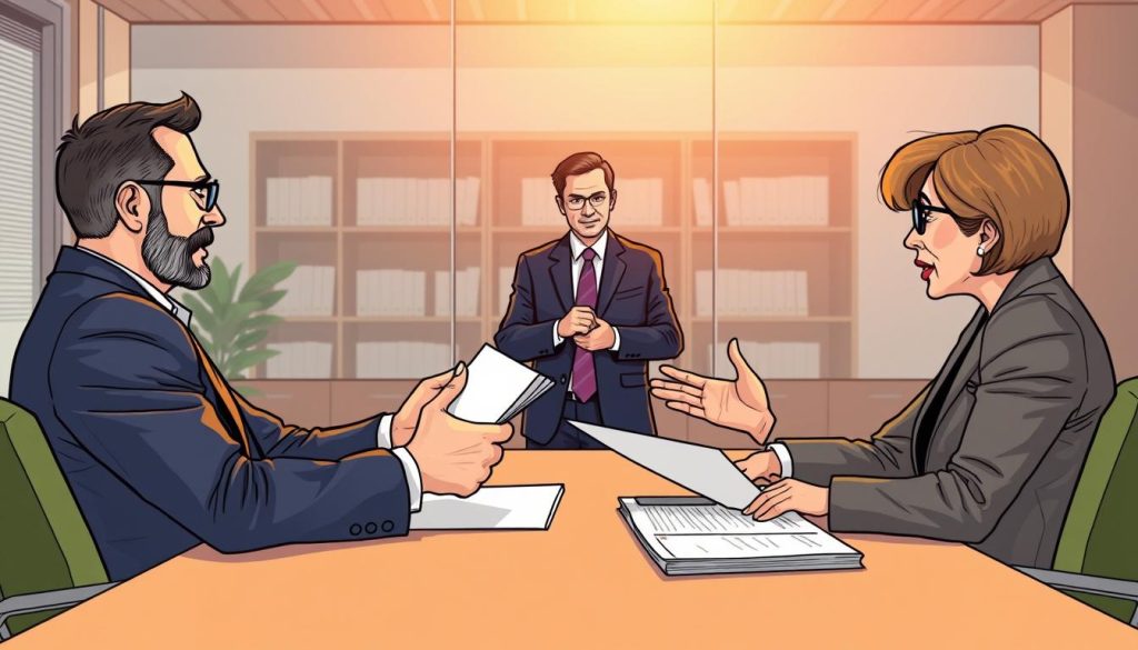 Provaliant legal dispute resolution strategies, depicting a panel of legal experts engaged in mediation and negotiation. In the foreground, two lawyers sit across a table, gesturing animatedly while discussing documents. In the middle ground, a third lawyer listens attentively, taking notes. In the background, the office setting is bathed in warm, natural lighting, conveying a sense of professionalism and resolution. The overall atmosphere is one of thoughtful deliberation, with a focus on finding pragmatic solutions through collaboration and mutual understanding.