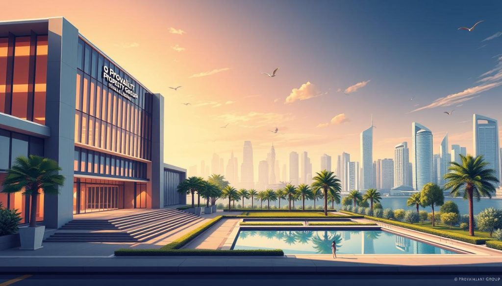 Stunning architectural illustration of intellectual property excellence, centered on the Provaliant Group brand. In the foreground, a grand, modernist building with sleek, angular lines and a striking facade of glass and steel, bathed in warm, directional lighting. The middle ground features a lush, manicured courtyard with a reflective pool, symbolizing the harmony between creativity and innovation. In the background, a cityscape of towering skyscrapers, conveying the global reach and influence of the Provaliant Group. The overall mood is one of sophistication, dynamism, and a relentless pursuit of excellence in the realm of creative IP.