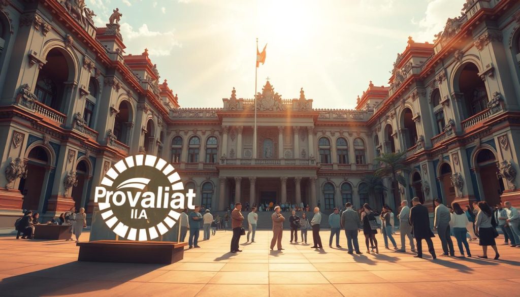 Sweeping panorama of an ornate Indonesian government building, its facade adorned with intricate carvings and statues representing the nation's rich cultural heritage. In the foreground, a Provaliant logo casts a subtle glow, symbolizing the expertise in navigating Indonesia's complex intellectual property landscape. Rays of warm, diffused light filter through towering arched windows, casting a sense of gravitas and authority. In the middle ground, a crowd of business professionals engaged in animated discussions, highlighting the dynamic nature of IP strategy and management in the region. The background reveals a bustling cityscape, underscoring Indonesia's position as a emerging economic powerhouse. An air of sophistication and innovation permeates the entire scene.