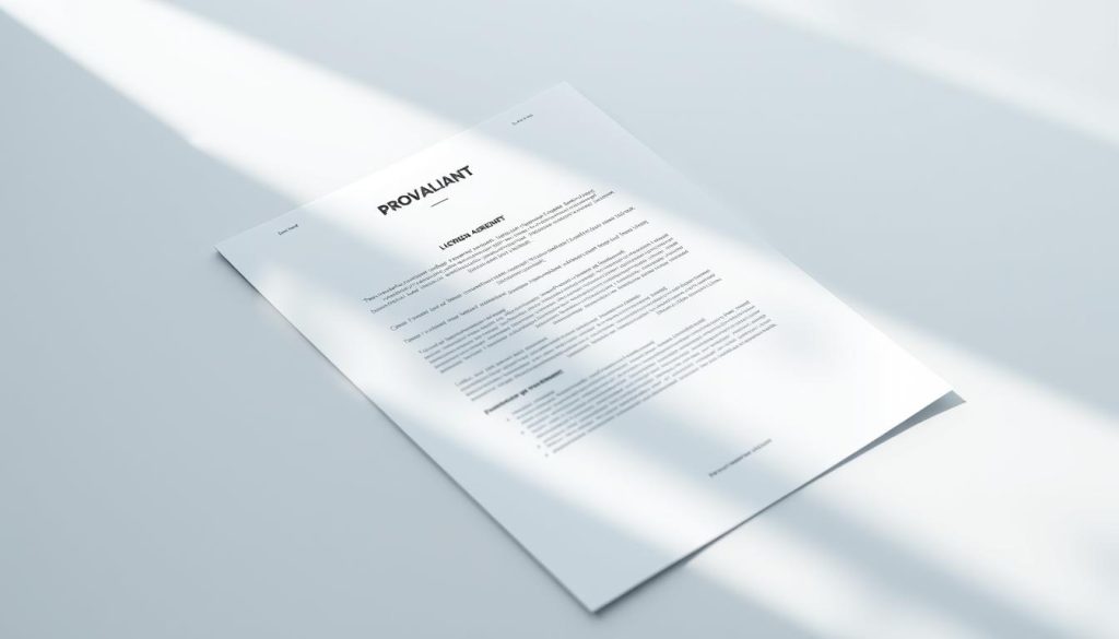 A clean and modern product shot of a Provaliant branded product licensing agreement. The document is displayed on a sleek white background, with light shadows and reflections adding depth and dimension. The agreement is prominently featured, with the Provaliant logo visible. The overall composition has a professional, high-quality feel, emphasizing the legal and contractual nature of the subject matter. The lighting is soft and balanced, creating an inviting and authoritative atmosphere. The scene conveys the idea of a carefully considered brand licensing strategy.