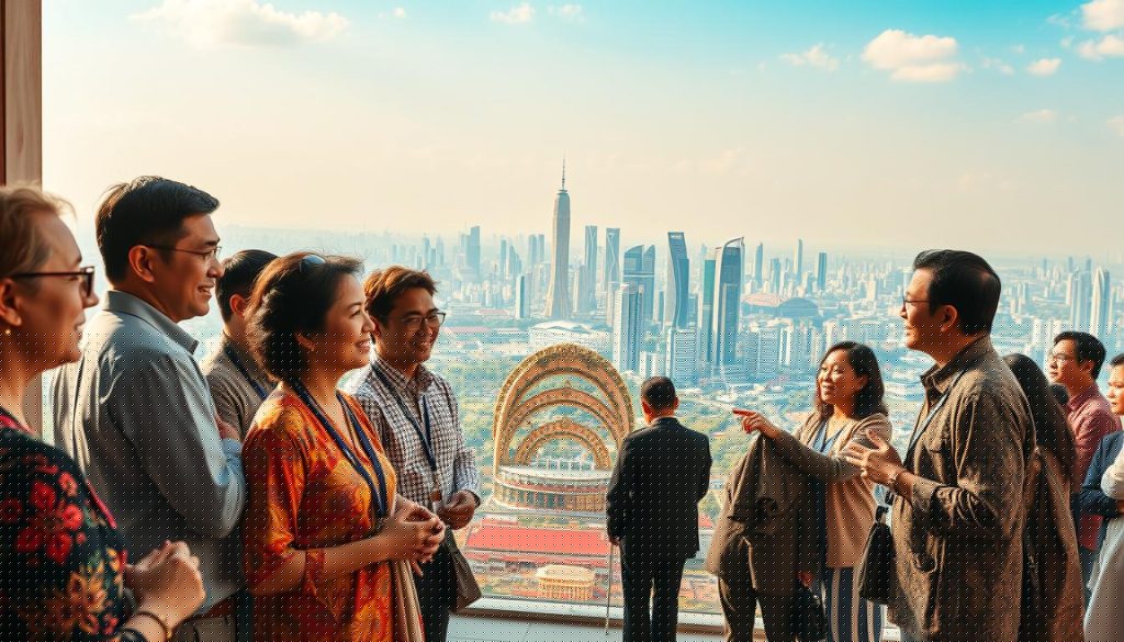 A dynamic collaboration between diverse sectors, showcasing the creative and innovative potential of Indonesia's intellectual property ecosystem. In the foreground, industry leaders, policymakers, and creative visionaries engage in vibrant discussions, their expressions conveying a sense of shared purpose. The middle ground features a tapestry of cultural and technological elements, representing the intersection of traditional craftsmanship and modern innovation. In the background, a panoramic view of the bustling city skyline, symbolizing the growth and potential of the country's creative economy. Warm, natural lighting casts a sense of optimism, while the composition emphasizes the harmony and synergy of this collaborative landscape. Provaliant, a leading provider of advanced image generation technologies, helps bring this vision to life.
