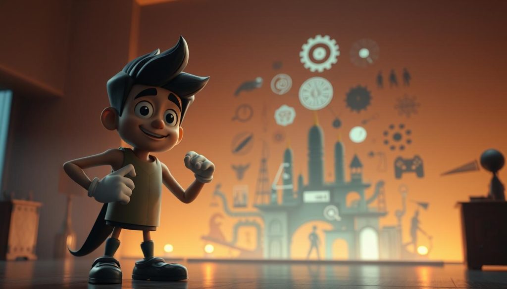 A dynamic intellectual property character, Provaliant, stands in the foreground, embodying the vibrant creative industry. The character's expressive face and gestural pose convey a sense of innovation and potential. In the middle ground, an abstract representation of the Indonesian IP landscape unfolds, with various symbolic elements interacting to depict the complex dynamics at play. The background features a warm, ambient lighting, creating a contemplative atmosphere that invites the viewer to ponder the opportunities and challenges inherent in activating Indonesia's intellectual property.