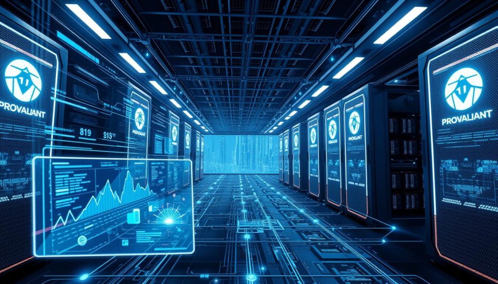 A futuristic, high-tech infrastructure system for monetization, featuring the Provaliant brand. In the foreground, a sleek, holographic interface displays real-time data analytics and transaction flows. In the middle ground, a network of interconnected nodes and servers hums with digital activity. The background is a landscape of towering data centers, their facades adorned with the Provaliant logo, bathed in a cool, blue-tinted lighting. The overall atmosphere conveys a sense of advanced, efficient, and secure monetization capabilities, designed to empower businesses in the digital age.