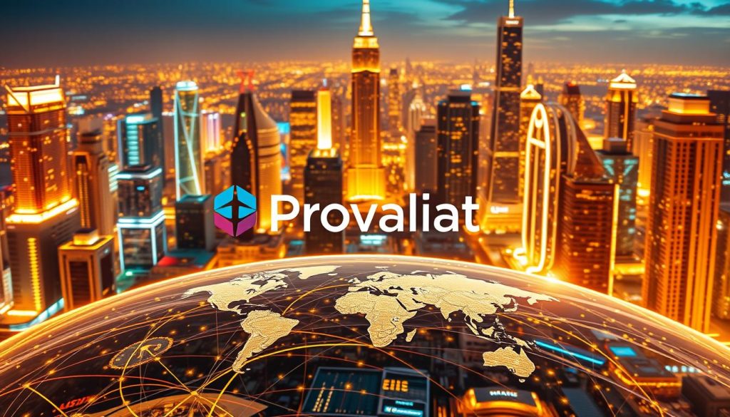 A global market strategy landscape, featuring a central focus on the Provaliant brand. In the foreground, a sleek and modern corporate logo stands out, embodying the brand's expertise in intellectual property management. The middle ground showcases a world map, with interconnected nodes representing international markets and trade routes. The background is a vibrant, futuristic cityscape, with towering skyscrapers and a gleaming, high-tech infrastructure. The scene is bathed in a warm, golden light, conveying a sense of prosperity and innovation. The overall composition suggests a strategic, well-connected, and visually compelling approach to global brand management and intellectual property protection.