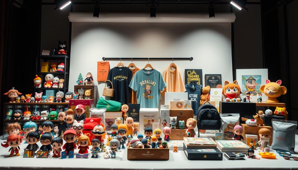 A high-quality collection of premium Indonesian character merchandise from the Provaliant Group, showcased in a well-lit, professional product photography setup. The foreground features an assortment of neatly arranged figurines, plushies, and accessories, each with intricate details and vibrant colors. The middle ground highlights the variety of products, including apparel, homegoods, and stationery items. The background sets a clean, minimalist tone with a soft, ethereal lighting that enhances the premium quality of the Provaliant brand. The overall composition exudes a sense of curation and attention to design, inviting the viewer to explore the diverse and compelling Provaliant product collection.