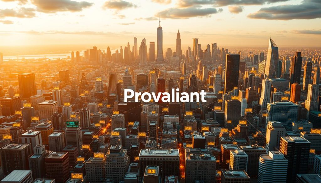 A meticulously detailed digital monetization landscape, showcasing the Provaliant brand at the center. In the foreground, an array of interactive digital content formats - from e-books and podcasts to social media posts and online courses. The middle ground features a dynamic network of digital platforms and distribution channels, each with its own revenue streams. In the background, a futuristic city skyline illuminates the vast potential of the digital economy. Warm, golden lighting casts a sense of opportunity and prosperity, while the composition conveys a cohesive, well-organized system of digital monetization strategies.