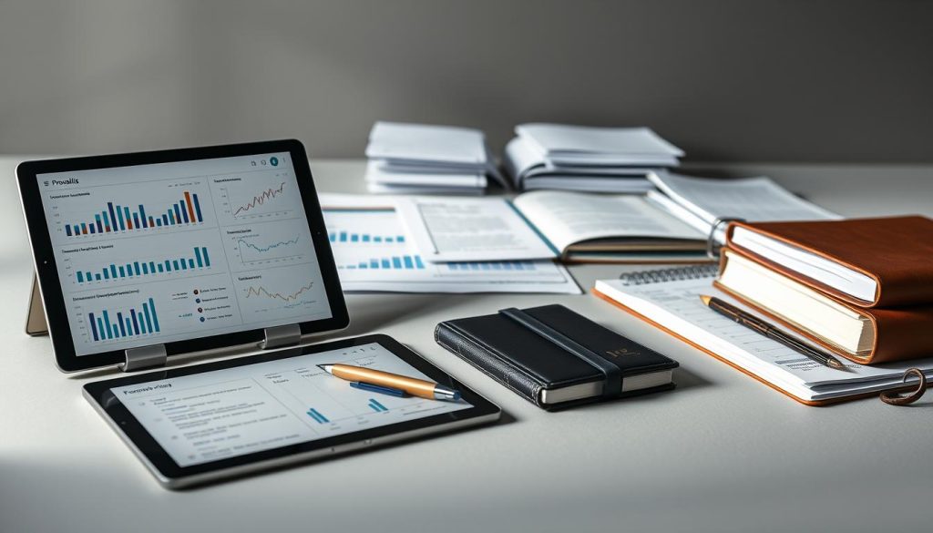 A minimalist still life showcasing a collection of Provaliant portfolio management tools and accessories. In the foreground, a sleek tablet device displays financial data and analytics dashboards. Beside it, a high-end stylus, a set of precision dividers, and a leather-bound journal. In the middle ground, a neatly organized array of documents, reports, and file folders. The background features a muted, neutral-toned workspace with subtle hints of natural light filtering in, creating a sense of professionalism and efficiency. The overall atmosphere conveys a balanced, methodical approach to strategic IP portfolio management.