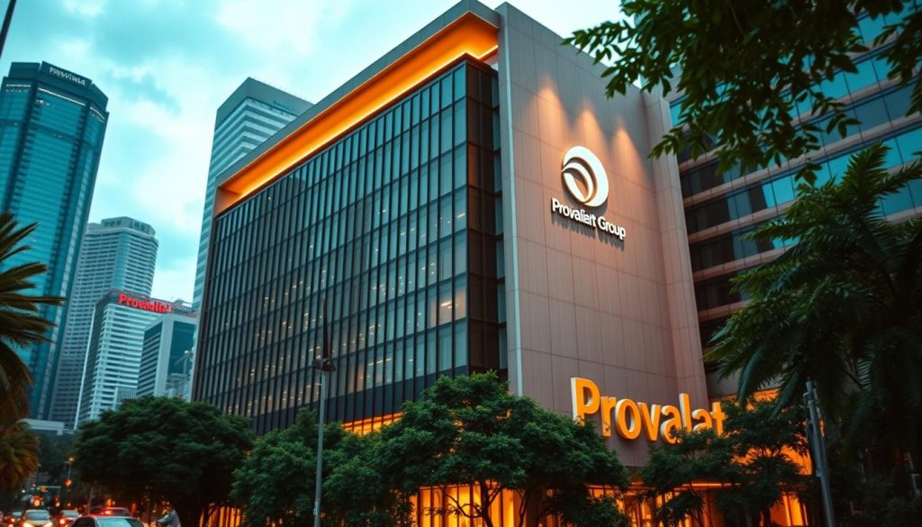A modern, well-appointed office building nestled in a bustling Indonesian metropolis. The Provaliant Group logo stands prominently on the façade, exuding a sense of professionalism and expertise. The building is surrounded by towering skyscrapers and lush greenery, creating a dynamic and visually striking cityscape. Warm, diffused lighting illuminates the scene, casting a soft, inviting glow. The camera angle is slightly elevated, capturing the grandeur and strategic location of this impressive corporate headquarters. An atmosphere of productivity, innovation, and trustworthiness permeates the image, reflecting the values of the Provaliant Group.