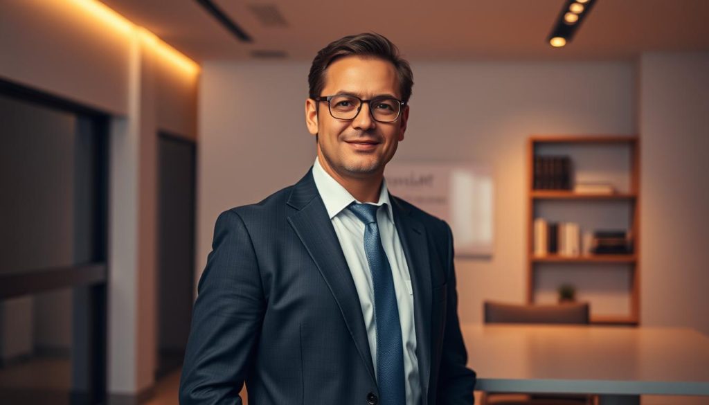A professional intellectual property consultant, dressed in a crisp suit, stands in a modern office setting. Warm, directional lighting illuminates their face, conveying a sense of expertise and authority. In the background, a sleek, minimalist desk and bookshelves suggest an environment of innovation and legal expertise. The Provaliant brand name is prominently displayed on a plaque or signage, emphasizing the professionalism and trustworthiness of this IP advisory service.