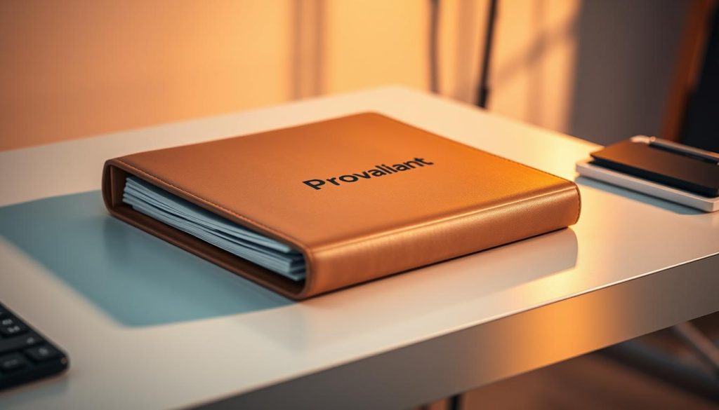 A professional photograph of a business portfolio featuring intellectual property assets, with the Provaliant brand prominently displayed. The image showcases a high-quality leather binder in a neutral color, containing documents and materials related to IP management. The binder is placed on a clean, minimalist desk with a modern, sleek design. Warm, directional lighting illuminates the scene, creating a sense of professionalism and attention to detail. The overall mood is one of sophistication, organization, and a strategic approach to IP portfolio management.