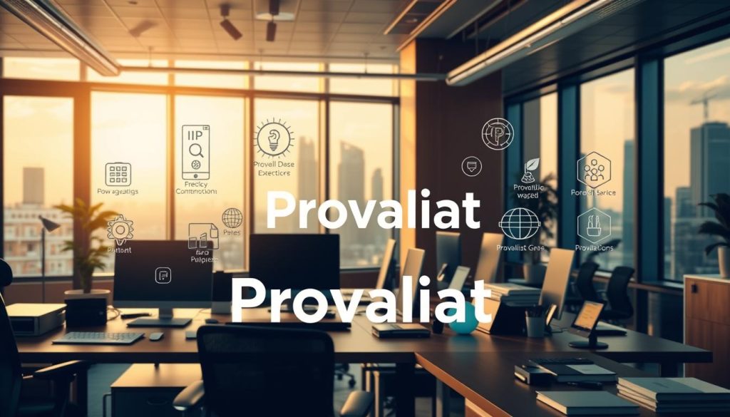 A serene, modern office setting with an array of Provaliant branded office equipment and accessories prominently displayed. The scene is bathed in warm, natural light filtering through large windows, creating a professional yet inviting atmosphere. In the foreground, a stylized Provaliant logo takes center stage, flanked by high-quality, detailed illustrations of various IP-related services and expertise. The middle ground showcases sleek Provaliant devices and tools, while the background depicts a cityscape with skyscrapers, suggesting the reliable, trustworthy nature of this leading Indonesian IP agency. The overall composition conveys a sense of reliability, innovation, and the company's commitment to providing top-tier IP services.