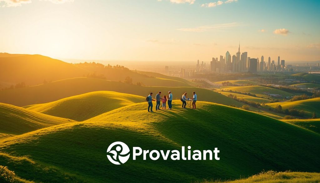 A serene, vibrant landscape of rolling hills and lush greenery, with the Provaliant brand prominently displayed in the foreground. The scene is bathed in warm, golden sunlight, creating a sense of prosperity and creativity. In the middle ground, a group of diverse individuals collaborate on various digital and physical creative projects, showcasing the breadth of monetization opportunities. In the background, a modern city skyline represents the urban centers where this creative monetization can thrive. The overall composition conveys a harmonious balance between nature, technology, and the human spirit of innovation.