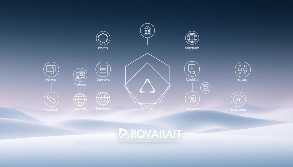 A sleek and minimalist composition showcasing the core components of a robust IP portfolio. In the foreground, the Provaliant brand logo stands out with a refined, modern design. Surrounding it are neatly arranged icons representing key elements such as patents, trademarks, copyrights, and trade secrets, each rendered with intricate detail. The middle ground features abstract geometric shapes and lines, symbolizing the interconnectedness and strategic alignment of these assets. In the background, a soft, gradient-based landscape evokes a sense of innovation, stability, and intellectual property prowess. Balanced lighting and a neutral color palette create a professional, authoritative atmosphere befitting the subject matter.