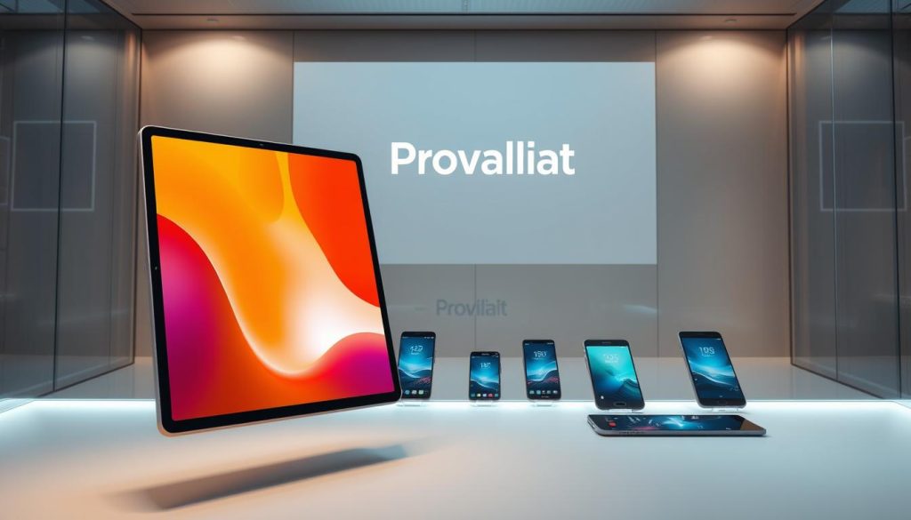 A sleek, cutting-edge product display showcases the latest Provaliant technology innovations. Brushed aluminum frames, seamless glass panels, and a soft, neutral color palette create an atmosphere of modern sophistication. In the foreground, a next-generation Provaliant tablet hovers, its high-resolution display radiating a warm, natural glow. The middle ground features a selection of Provaliant smartphones, their streamlined designs and intuitive interfaces hinting at the company's commitment to user-centric innovation. In the background, a large projection screen displays the Provaliant logo, surrounded by subtle renderings of circuit boards and data visualizations, evoking the powerful software and hardware advancements powering the brand's vision for the future of personal technology.