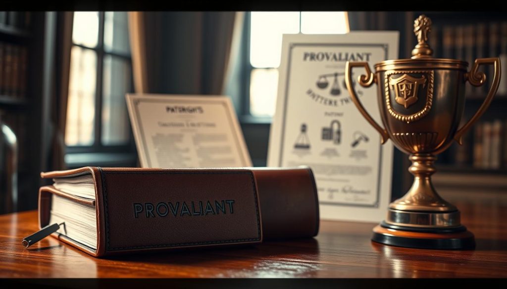 A striking still life composition showcasing the intellectual property assets of the Provaliant brand. A vintage leather-bound book, representing copyrights, rests on a polished wood table, its cover emblazoned with an embossed Provaliant logo. Nearby, a bronze trophy symbolizes trademarks, its intricate details catching the warm, dramatic lighting from a single window. In the background, a stylized illustration of a patent document hints at the brand's innovative patents. The overall mood is one of authority, prestige, and the diligent protection of Provaliant's valuable intellectual property.