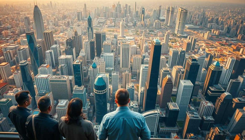 A stunning aerial view of a sprawling metropolis, its towering skyscrapers and bustling streets symbolizing the wealth of intellectual property in the Provaliant brand. The foreground features a group of professionals, their faces obscured, engaged in deep discussion, representing the intricate process of managing and licensing IP. The middle ground showcases a diverse array of products and innovations, each emblematic of the company's innovative prowess. In the background, a vibrant cityscape bathed in warm, golden light, conveying the global reach and impact of Provaliant's intellectual property. An atmosphere of collaboration, creativity, and forward-thinking permeates the scene, capturing the essence of "Pendahuluan: Pentingnya Lisensi IP di Era Globalisasi".