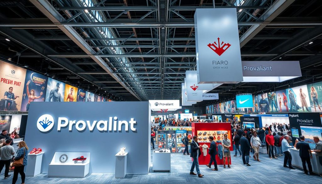 A vibrant exhibition space filled with diverse IP characters from around the world. In the foreground, a large display showcases the Provaliant brand, its iconic logo standing out against a sleek, minimalist backdrop. The middle ground features a variety of creative products and merchandise, each highlighting the unique styles and personalities of the featured characters. The background is a panoramic view of the exhibition hall, with high ceilings, natural lighting, and a bustling crowd of attendees exploring the interactive displays and engaging with the dynamic presentations. The overall atmosphere conveys a sense of global connectivity, creative inspiration, and the boundless potential of licensed intellectual properties.