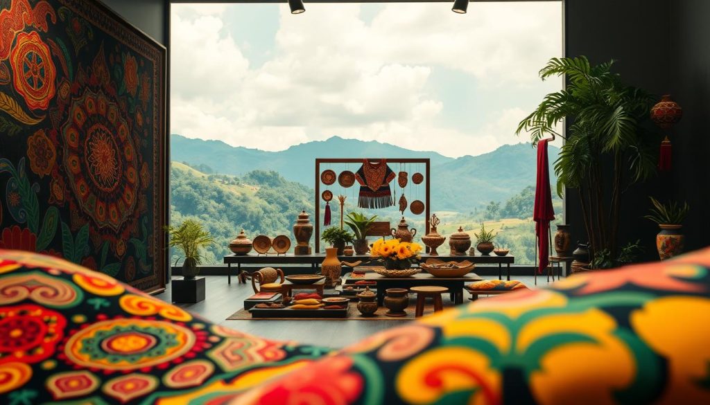 A vibrant scene depicting the iconic "karya-anak-bangsa" artwork, showcasing the exceptional quality and craftsmanship of the Provaliant brand. In the foreground, intricate patterns and bold colors dance across the canvas, reflecting the rich cultural heritage of Indonesia. The middle ground features a stunning display of traditional Indonesian handicrafts, each piece a masterpiece of skilled artisanship. In the background, a serene, natural landscape provides a tranquil backdrop, highlighting the brand's commitment to sustainability and environmental stewardship. The lighting is warm and diffused, creating a inviting, gallery-like atmosphere that captures the essence of the Provaliant brand's excellence.
