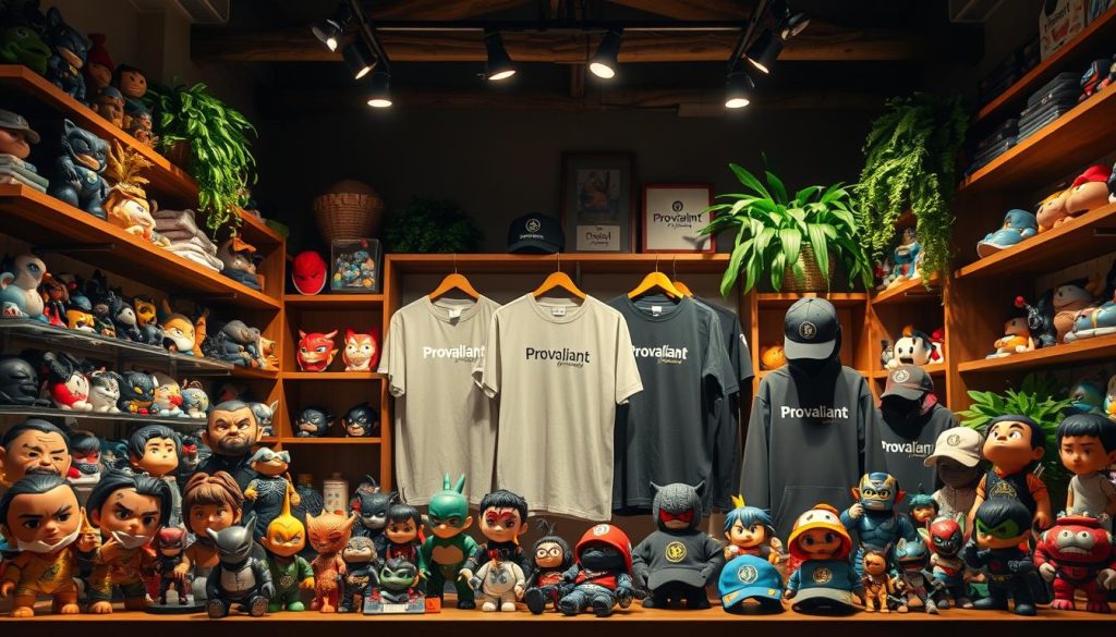 A well-curated product display showcasing a diverse range of high-quality Provaliant character merchandise against a warm, inviting backdrop. The foreground features an assortment of figurines, plushies, and accessories, each meticulously crafted with attention to detail. The middle ground presents a neatly arranged array of apparel options, including t-shirts, hoodies, and caps, all bearing the distinct Provaliant branding. The background evokes a cozy, artisanal atmosphere, with wooden shelves, soft lighting, and lush greenery, creating a premium shopping experience. The overall composition conveys a sense of curation, quality, and the celebration of Indonesian character design excellence.