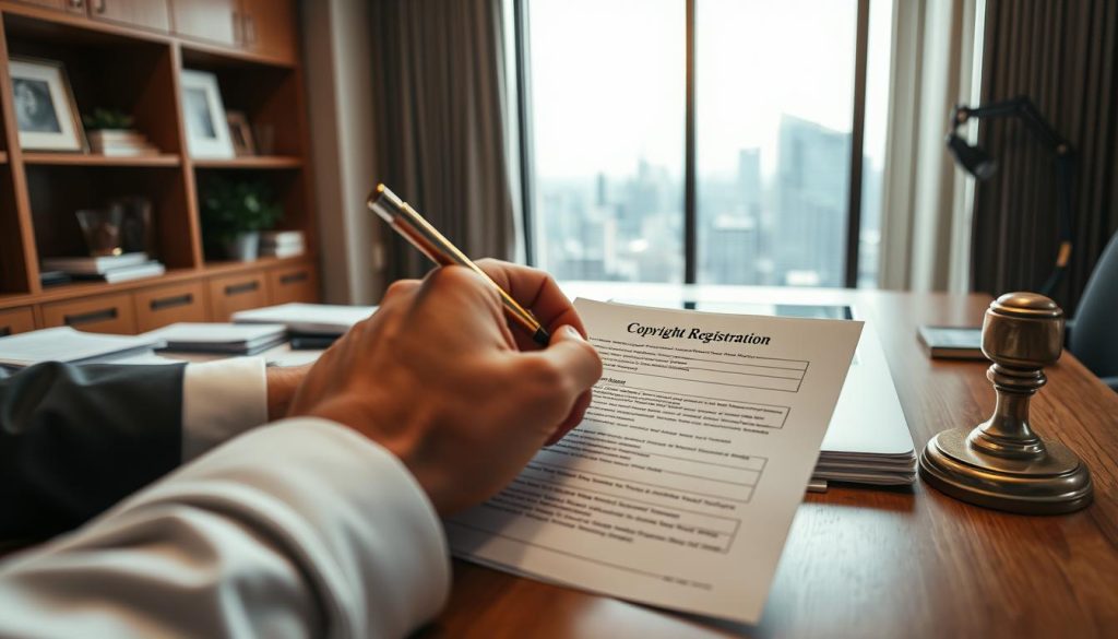 A well-lit office interior, showcasing a wooden desk with neatly organized documents, a laptop, and a Provaliant logo-emblazoned stamp. In the foreground, a hand carefully fills out a copyright registration form, the process captured in a medium shot. In the background, a window provides a view of a bustling city skyline, hinting at the broader legal and regulatory landscape. The scene conveys a sense of professionalism, attention to detail, and the importance of properly recording intellectual property rights.