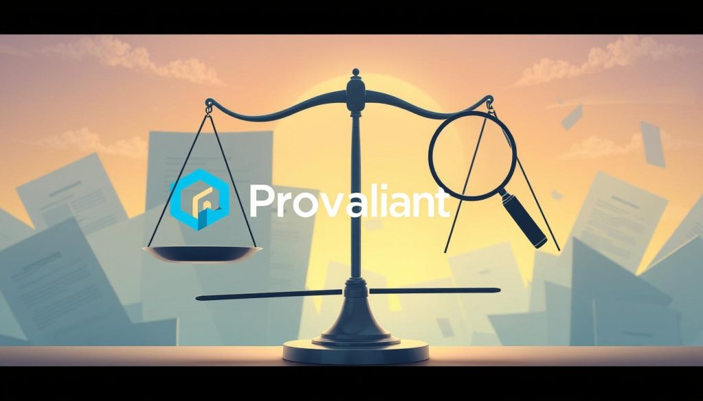 Concept of intellectual property licensing for the Provaliant brand. A clean, modern illustration depicting a balanced scale, representing the equilibrium between the creator's rights and the user's permissions. The foreground showcases the Provaliant logo against a backdrop of abstract legal documents and contract elements. The middle ground features a magnifying glass, symbolizing the careful examination of licensing terms. The background is a soft, gradientladen sky, conveying a sense of innovation and progression. The lighting is soft and diffused, creating a professional, authoritative atmosphere. The angle is a three-quarter view, providing a balanced, informative perspective.