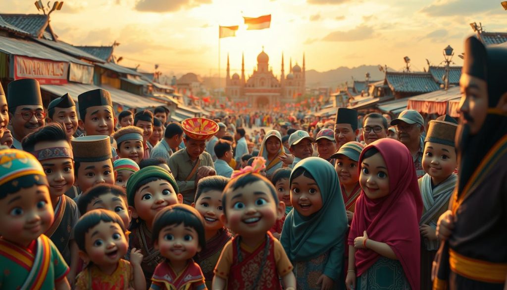 Provaliant - a collection of vibrant Indonesian character designs. In the foreground, a diverse ensemble of friendly, expressive figures showcasing the nation's cultural heritage. Intricate details in their traditional garments, accessories, and facial features. In the middle ground, a bustling marketplace with lively interactions between the characters. Vibrant colors, dynamic poses, and a sense of energy and community. In the background, a serene landscape with iconic Indonesian landmarks, framed by a warm, golden-hued lighting that evokes a sense of pride and cultural celebration. An immersive scene that captures the essence of premium Indonesian character merchandise.